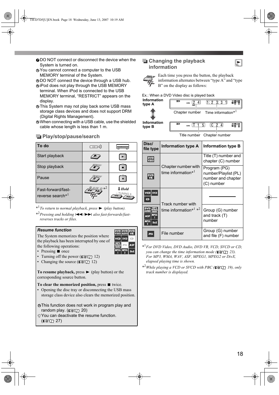 Play/stop/pause/search, Changing the playback information | JVC TH-D5 Series User Manual | Page 21 / 40