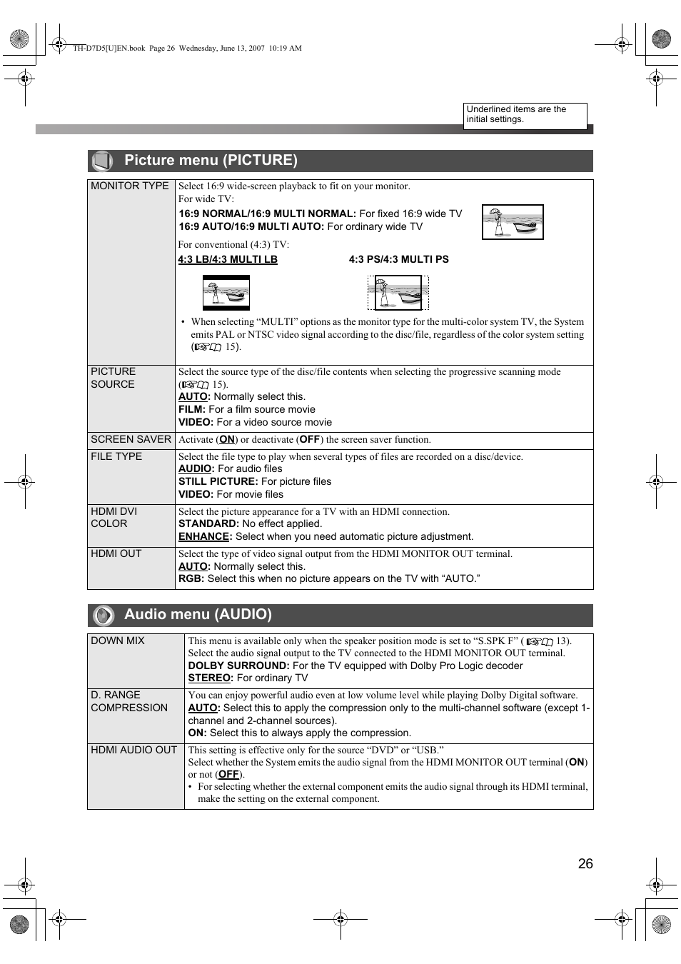 Picture menu (picture), Audio menu (audio) | JVC TH-D5 Series User Manual | Page 29 / 40