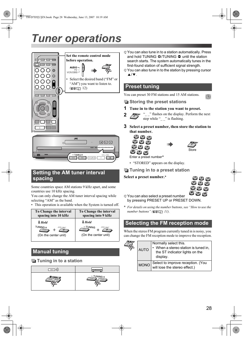 Tuner operations, Setting the am tuner interval spacing, Manual tuning | Preset tuning selecting the fm reception mode | JVC TH-D5 Series User Manual | Page 31 / 40