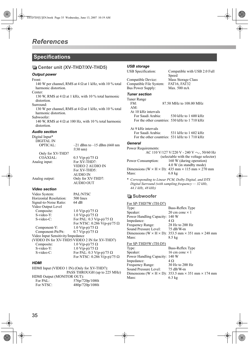 References, Specifications | JVC TH-D5 Series User Manual | Page 38 / 40