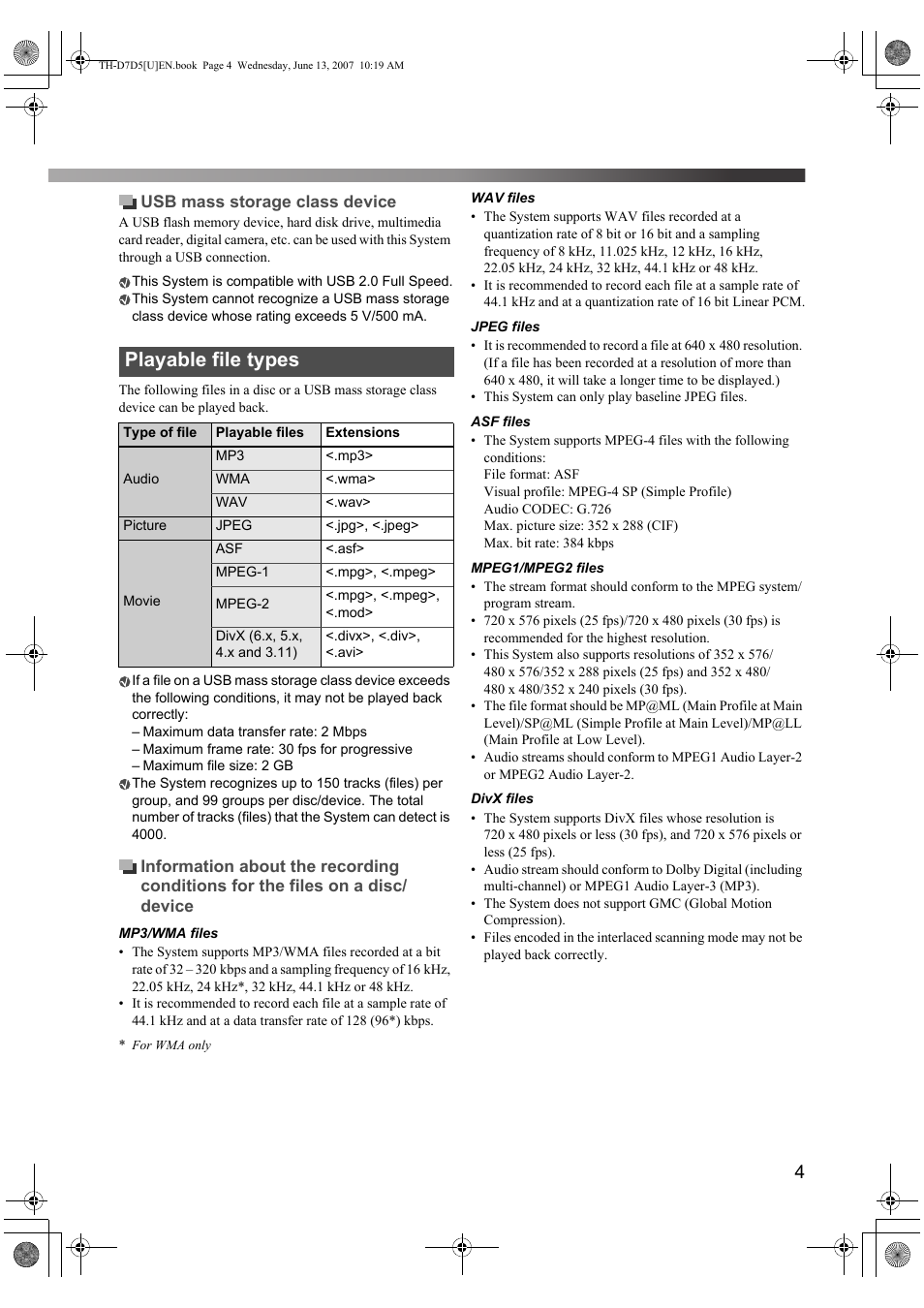 Playable file types | JVC TH-D5 Series User Manual | Page 7 / 40