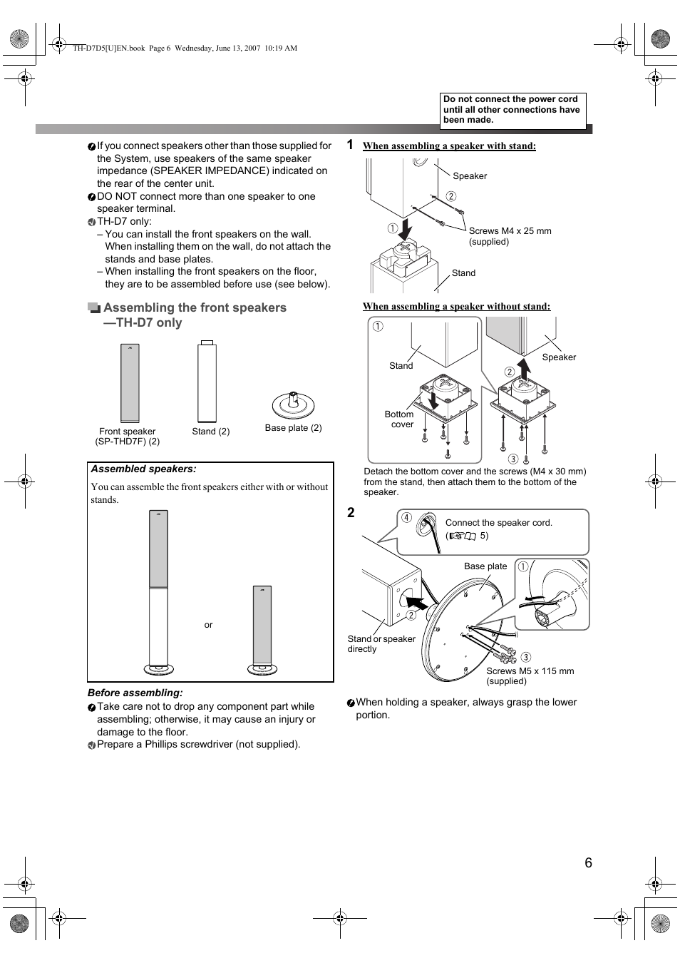 Assembling the front speakers —th-d7 only | JVC TH-D5 Series User Manual | Page 9 / 40