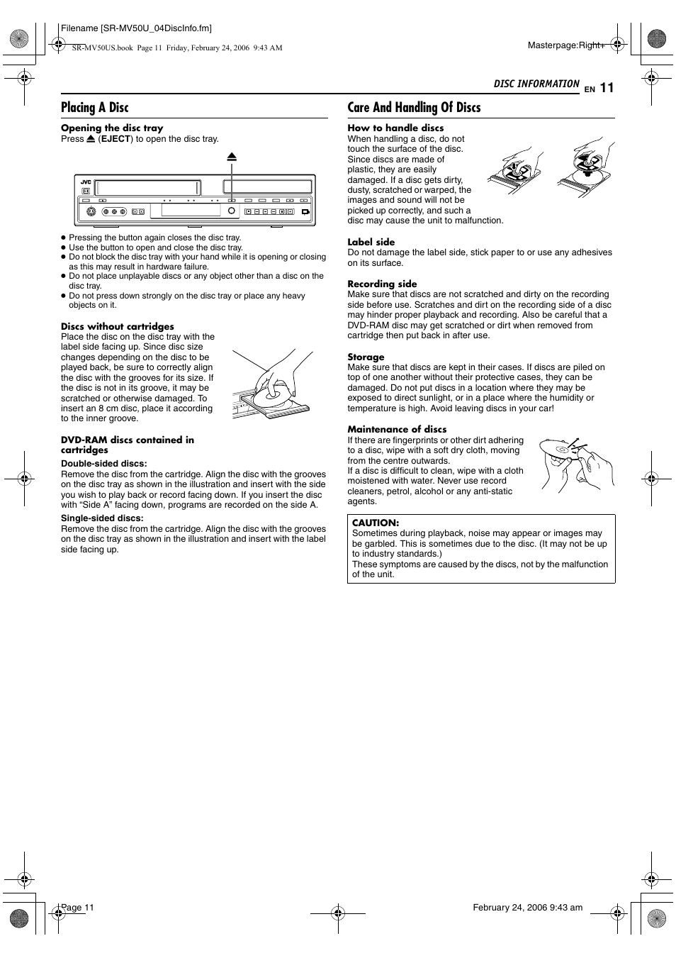 Placing a disc, Care and handling of discs | JVC SR-MV50U User Manual | Page 11 / 92