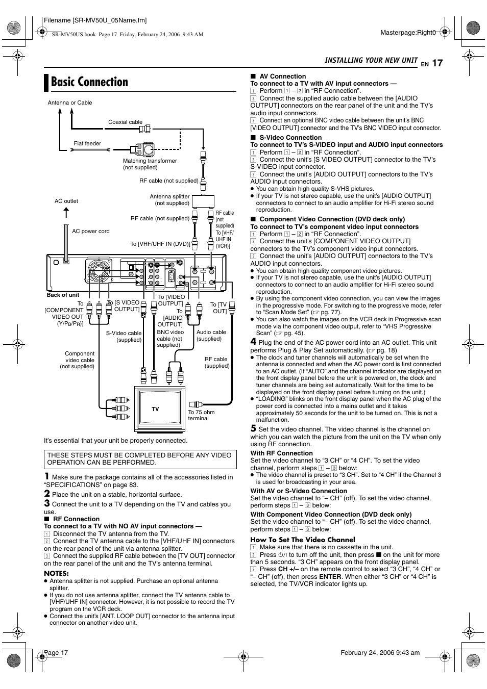 Installing your new unit, Basic connection, Pg. 17 | Only) | JVC SR-MV50U User Manual | Page 17 / 92