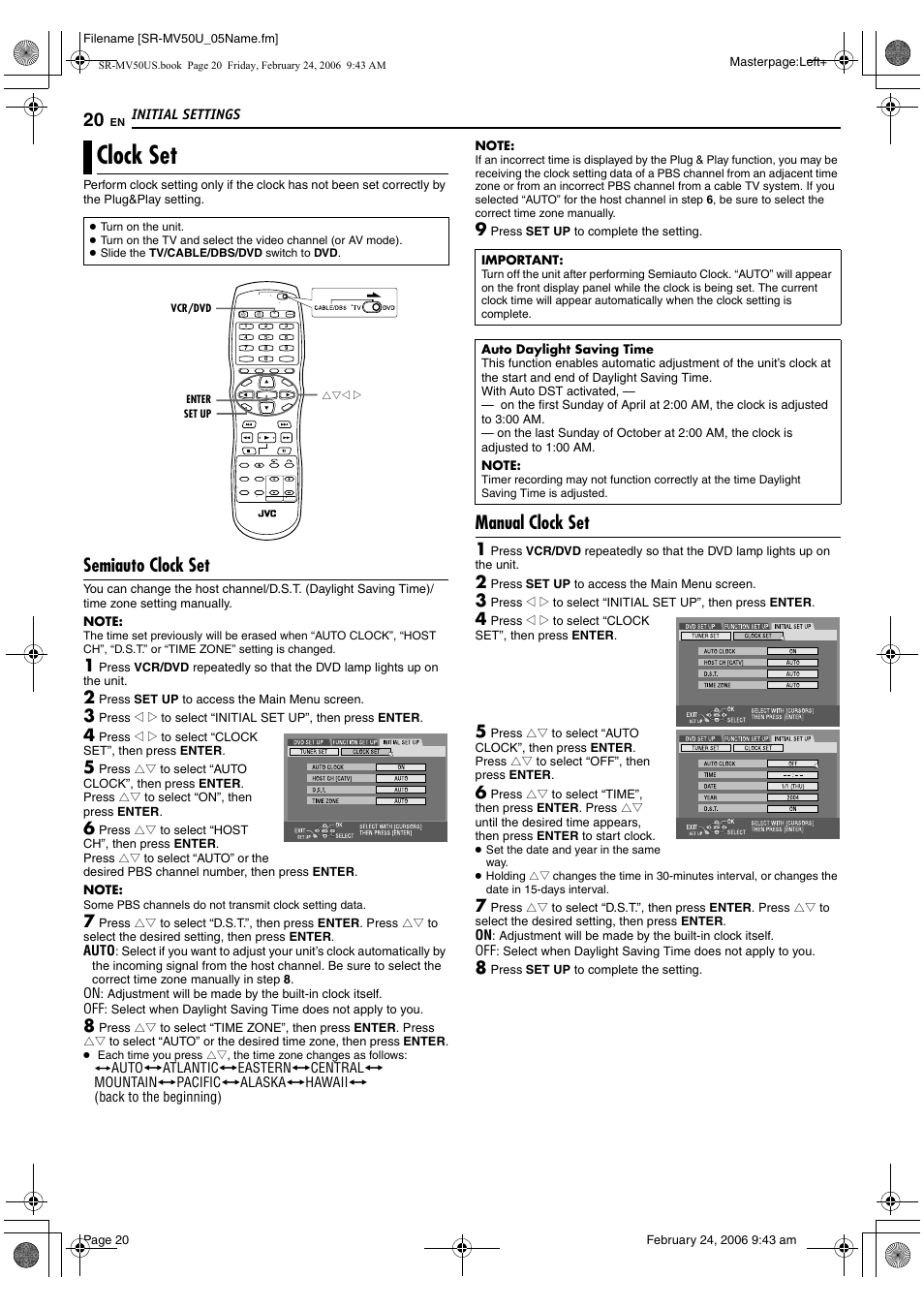 Clock set, Pg. 20), Pg. 20) an | Pg. 20 – 21, Pg. 20), th, K” is “on, M “semiauto clock set, Pg. 20) or, Manual clock set, M “manual clock set | JVC SR-MV50U User Manual | Page 20 / 92