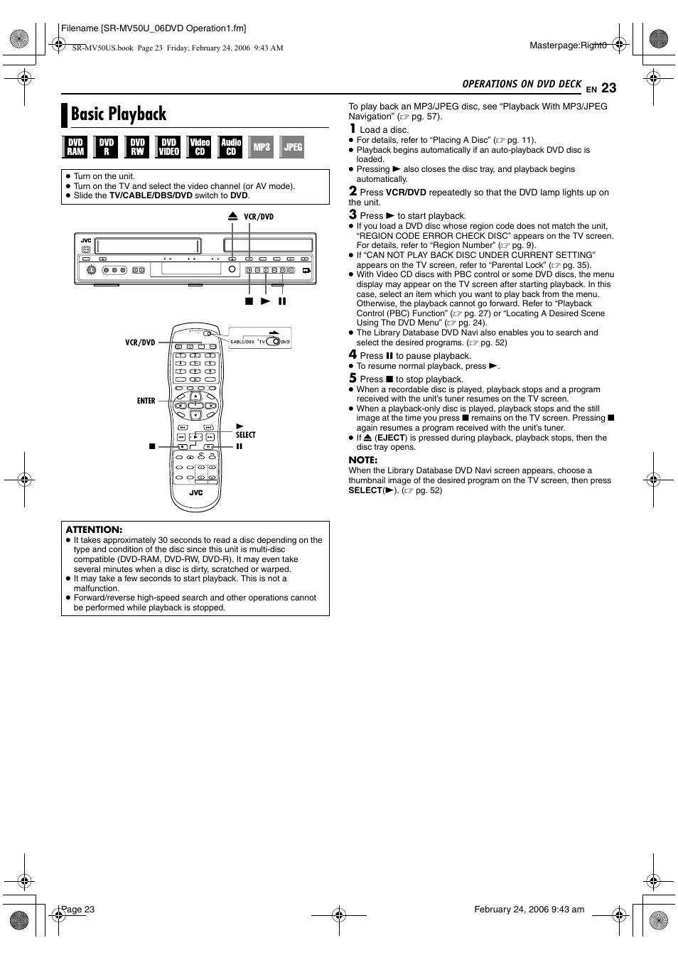 Operations on dvd deck, Basic playback, Pg. 23, 43 | Pg. 23, 44 | JVC SR-MV50U User Manual | Page 23 / 92