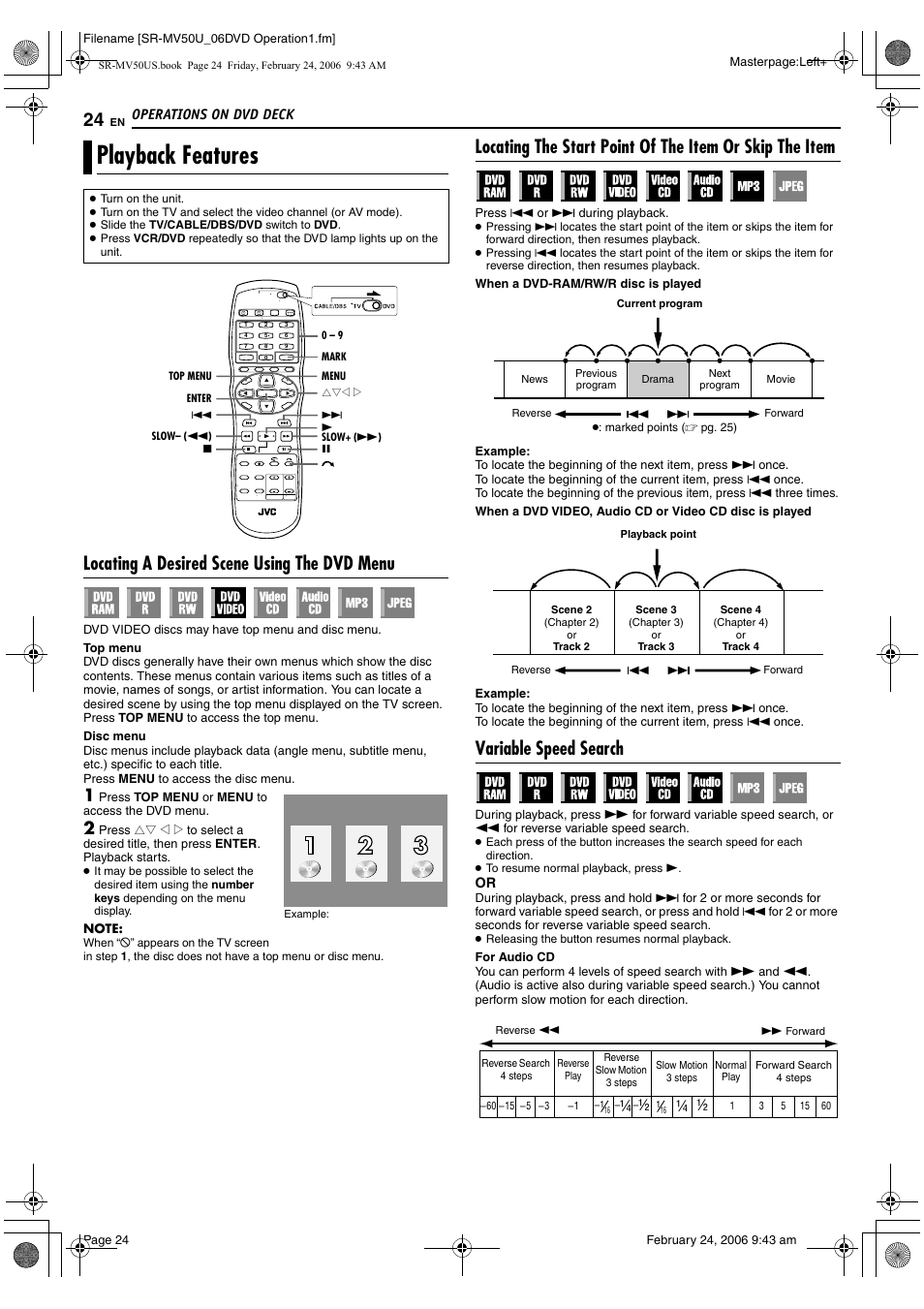 Playback features, Pg. 24, 3, Pg. 24 | Pg. 24, 30, Only), Locating a desired scene, Using the dvd menu, Pg. 24), Locating a desired scene using the dvd menu, Variable speed search | JVC SR-MV50U User Manual | Page 24 / 92