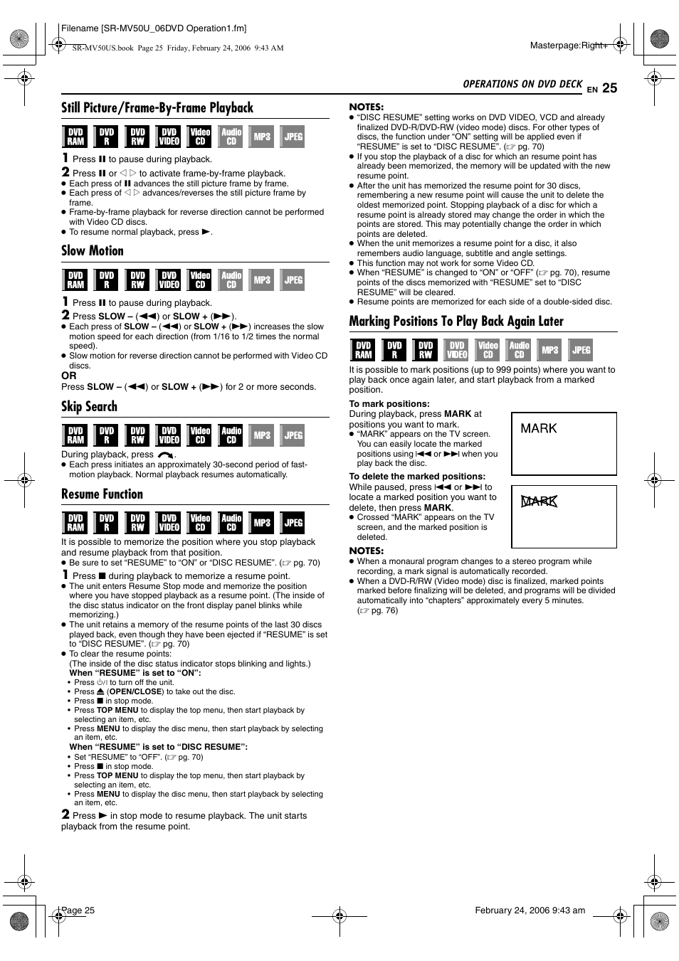 Pg. 25, Pg. 25, 30, Still picture/frame-by-frame playback | Slow motion, Skip search, Resume function, Marking positions to play back again later | JVC SR-MV50U User Manual | Page 25 / 92