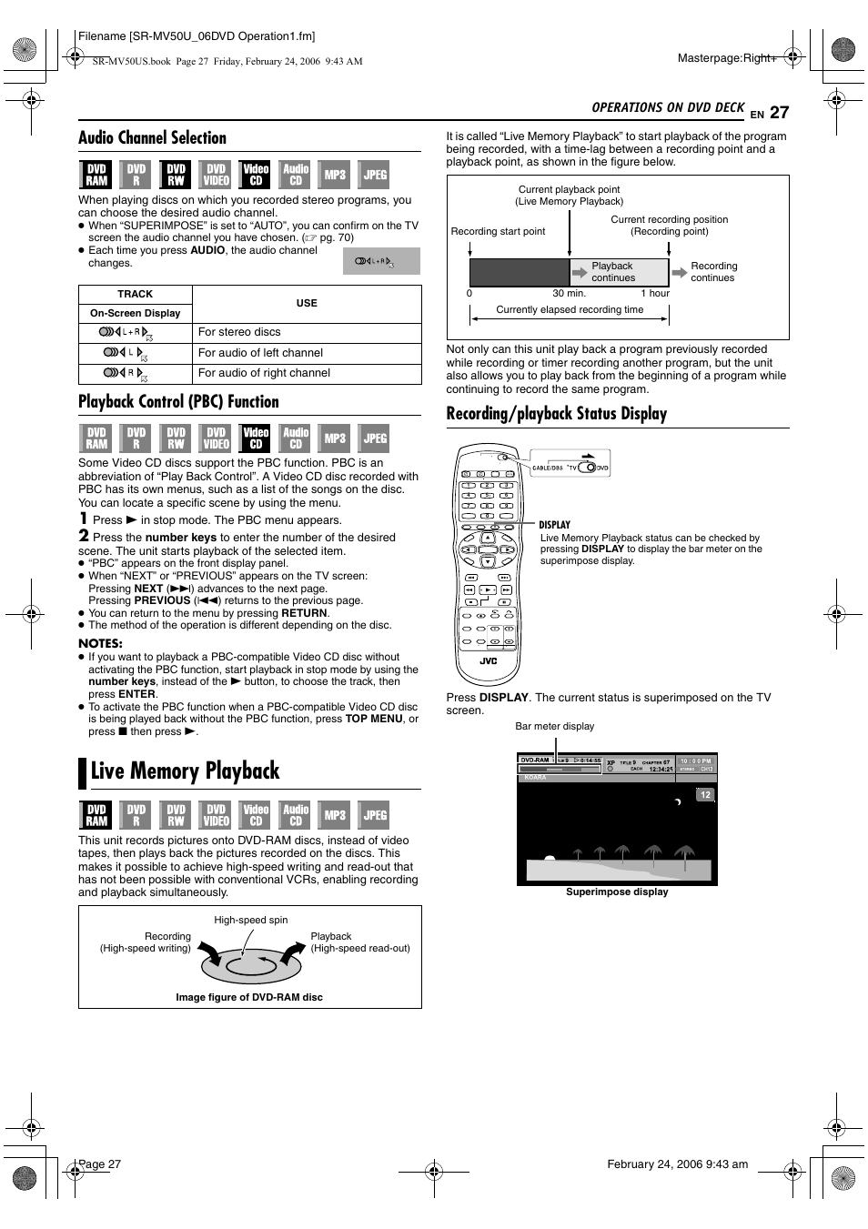 Live memory playback, Pg. 27), Pg. 27 | Eturn), Pg. 27, 38, Playback control (pbc) function, Pg. 27) or, Audio channel selection, Recording/playback status display, Operations on dvd deck | JVC SR-MV50U User Manual | Page 27 / 92