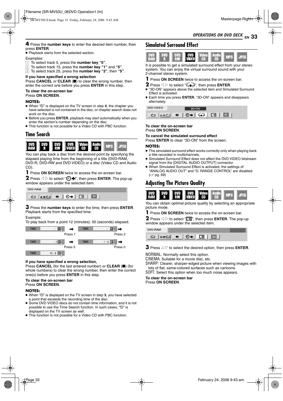 R (3d), Pg. 33, Only) | Pg. 33, 3, Pg. 33), R picture control function. (੬ pg. 33), Time search, Simulated surround effect, Adjusting the picture quality | JVC SR-MV50U User Manual | Page 33 / 92