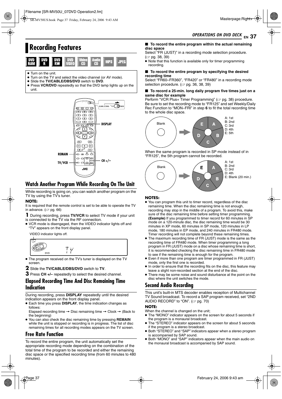 Recording features, Pg. 37, 46, Pg. 37) | Watch another program while recording on the unit, Free rate function, Second audio recording | JVC SR-MV50U User Manual | Page 37 / 92