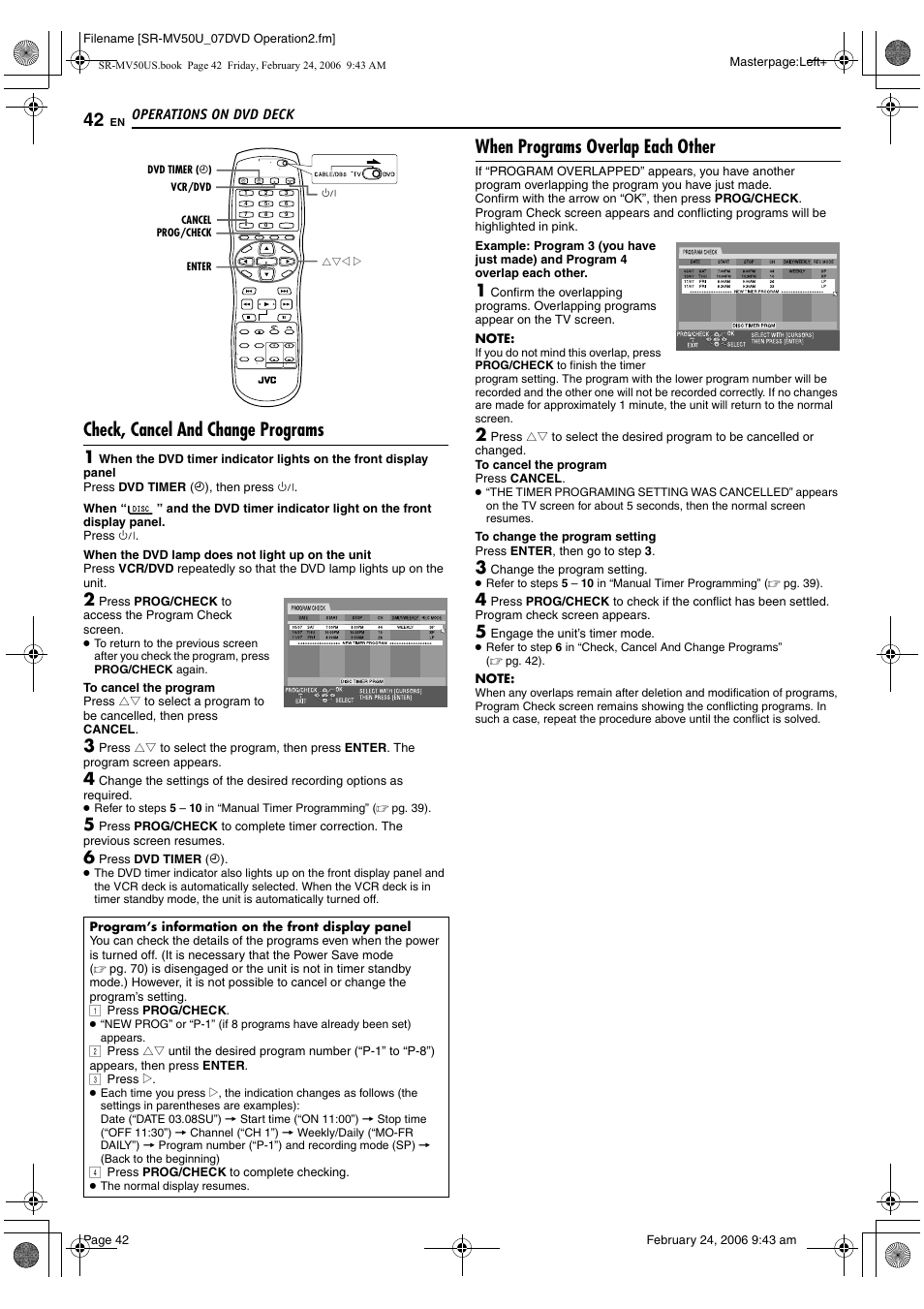 Pg. 42), Check, cancel and change programs, When programs overlap each other | JVC SR-MV50U User Manual | Page 42 / 92