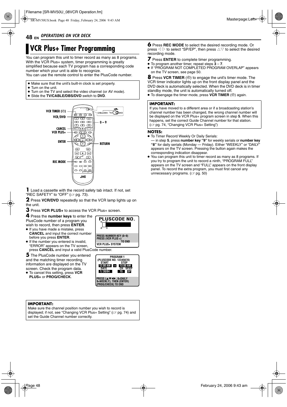 Vcr plus+ timer programming, Pg. 48), Pg. 48 | 49), the recording will resume au, Operations on vcr deck | JVC SR-MV50U User Manual | Page 48 / 92