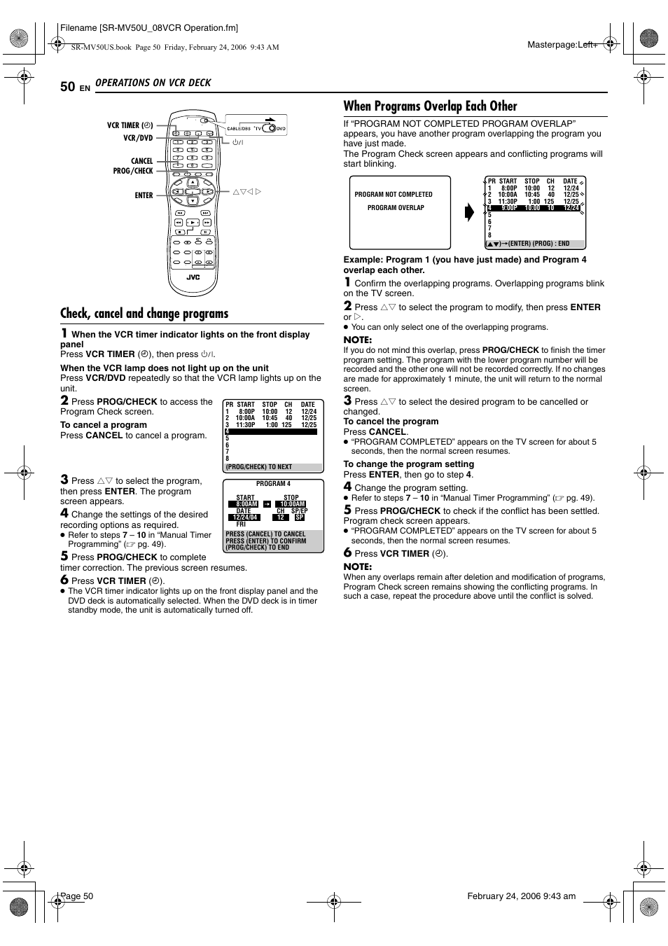 Pg. 50), Check, cancel and change programs, When programs overlap each other | Operations on vcr deck | JVC SR-MV50U User Manual | Page 50 / 92