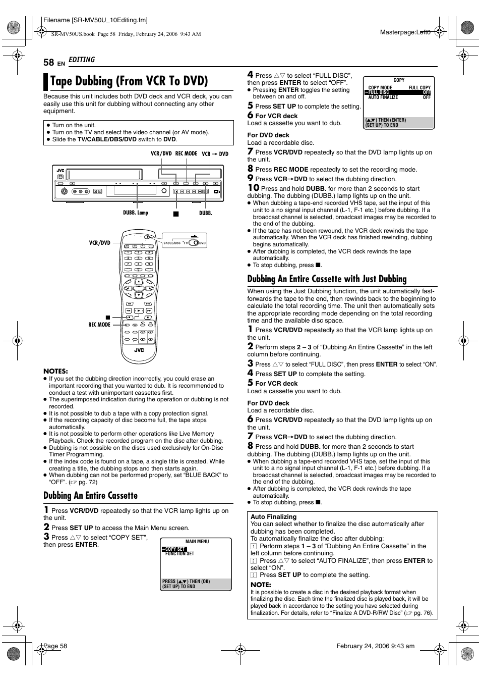 Editing, Tape dubbing (from vcr to dvd), Pg. 58 | Pg. 58, 60, Dubbing an entire cassette, Dubbing an entire cassette with just dubbing | JVC SR-MV50U User Manual | Page 58 / 92