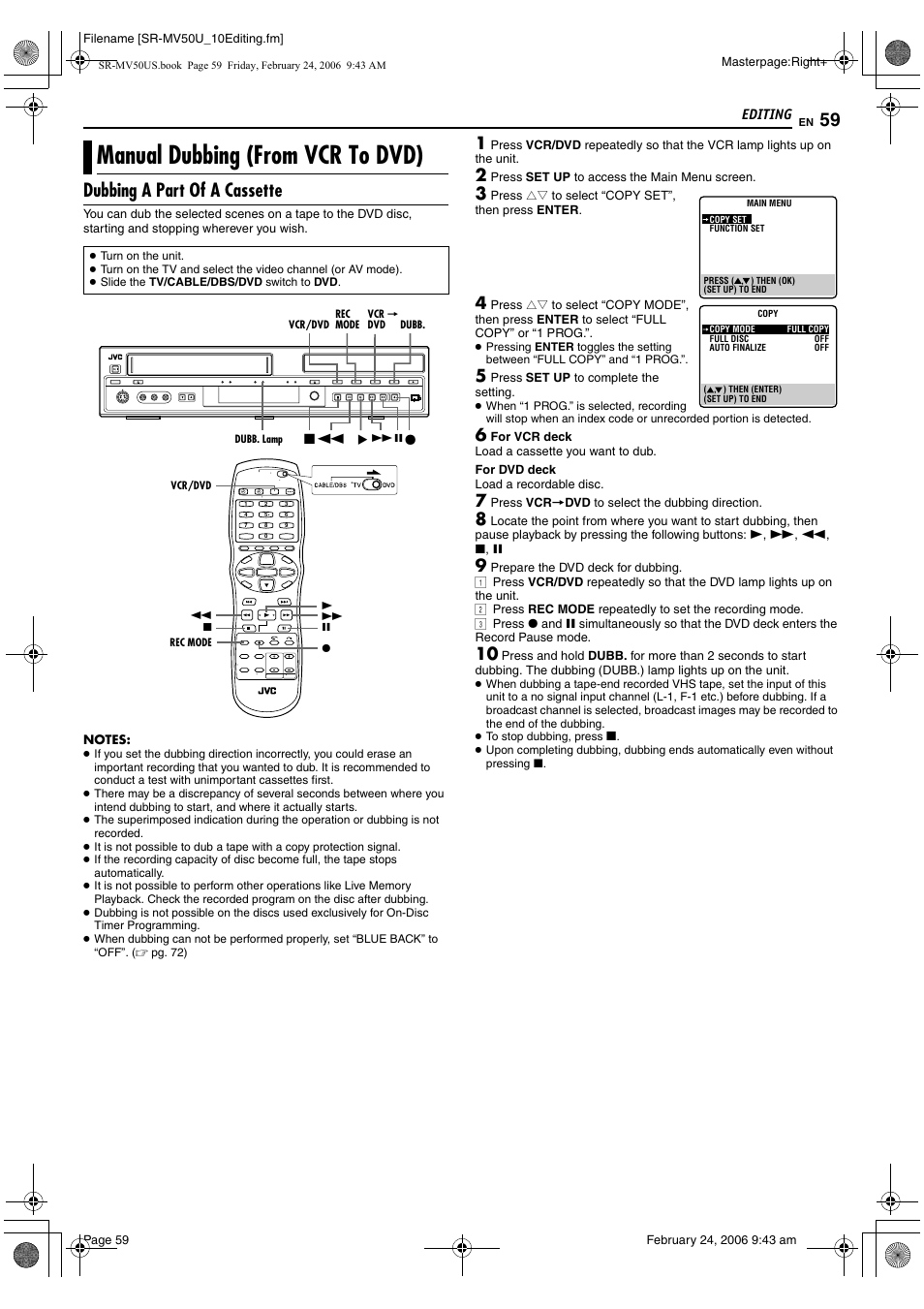 Manual dubbing (from vcr to dvd), Dubbing a part of a cassette | JVC SR-MV50U User Manual | Page 59 / 92