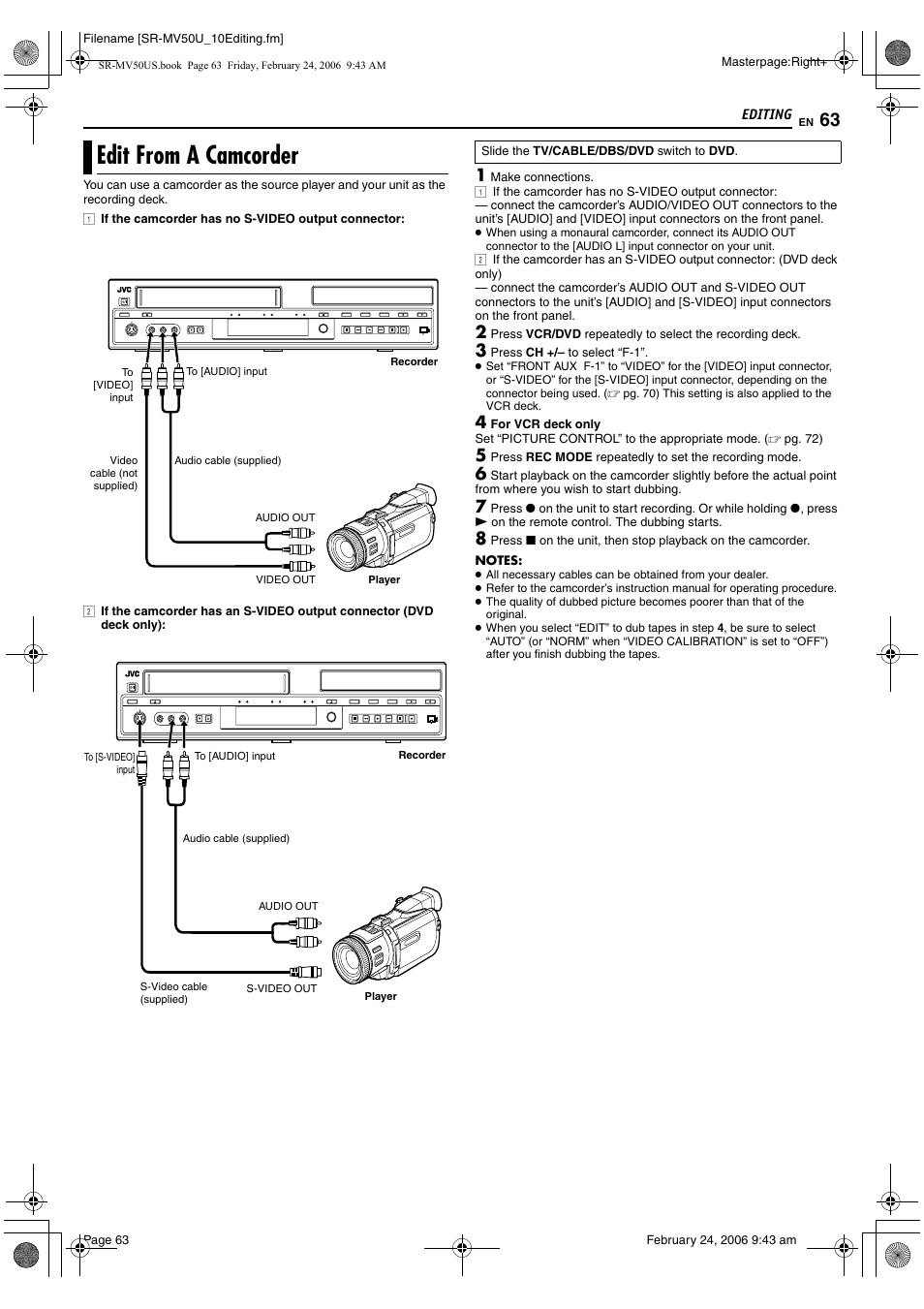 Edit from a camcorder, S-video), Pg. 63 | JVC SR-MV50U User Manual | Page 63 / 92
