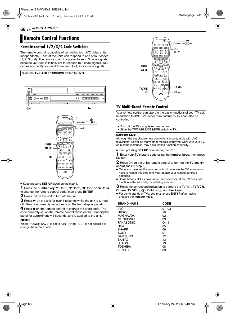 Remote control, Remote control functions, Pg. 66 | Pg. 66), Remote control 1/2/3/4 code switching, Tv multi-brand remote control | JVC SR-MV50U User Manual | Page 66 / 92