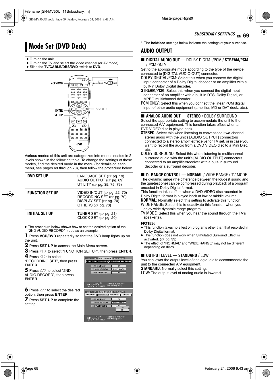 Subsidiary settings, Mode set (dvd deck), Pg. 69) | Audio output | JVC SR-MV50U User Manual | Page 69 / 92