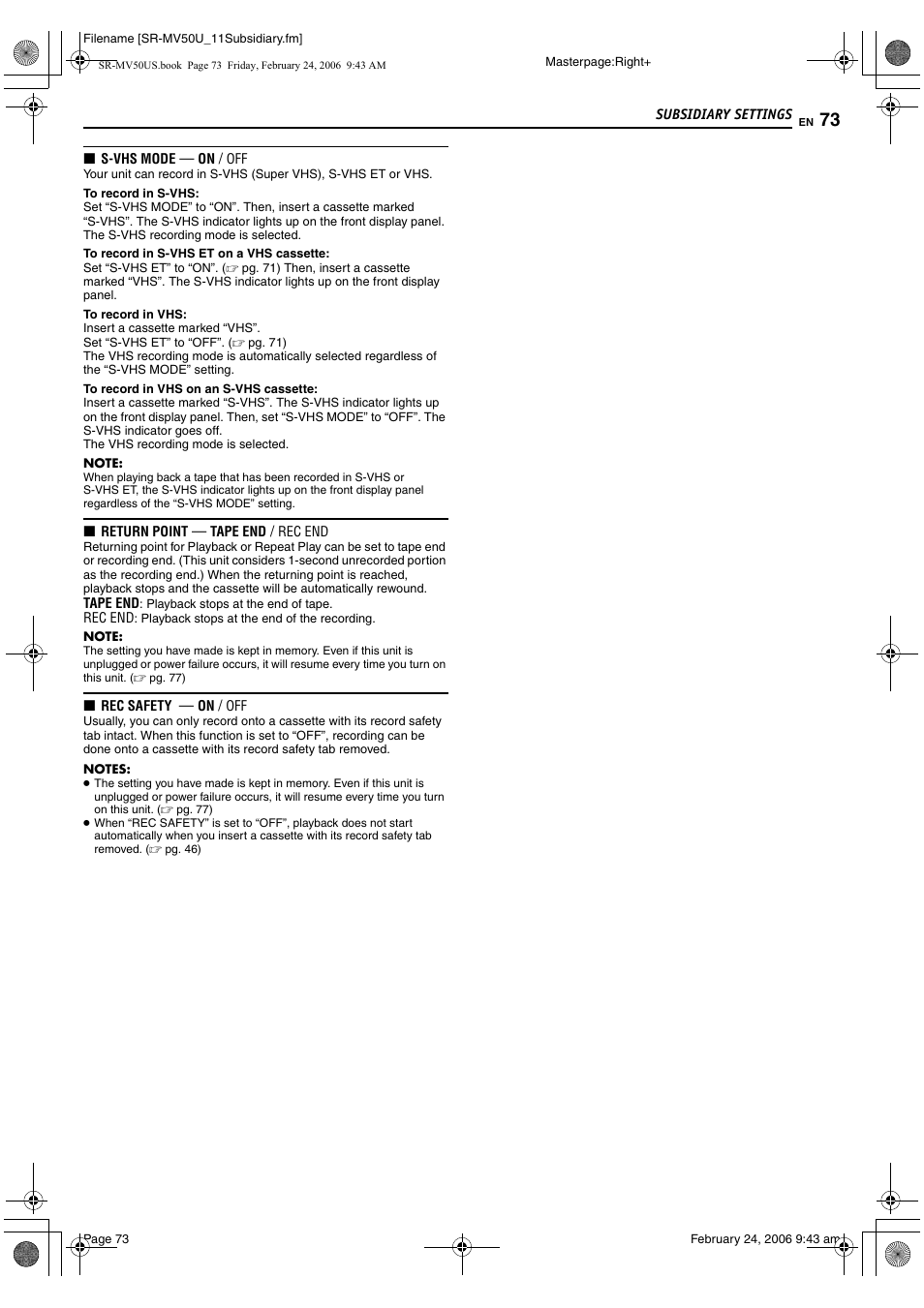 T to “on, Pg. 73), Safety” to “off | Pg. 73). t | JVC SR-MV50U User Manual | Page 73 / 92