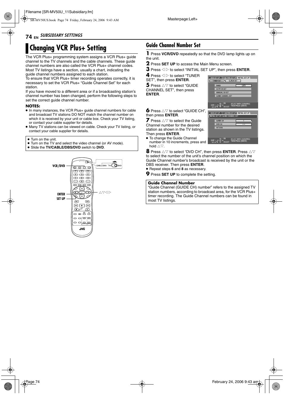 Changing vcr plus+ setting, Pg. 74), Pg. 74, “changing vcr plus+ setting”) | Guide channel number set | JVC SR-MV50U User Manual | Page 74 / 92