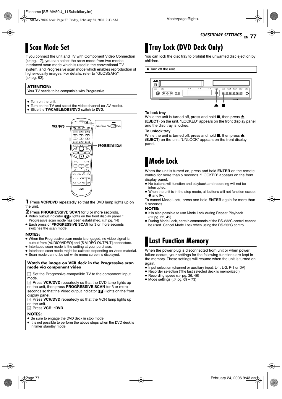 Scan mode set, Tray lock (dvd deck only), Mode lock | Last function memory, Pg. 77, Pg. 77), R to “scan mode | JVC SR-MV50U User Manual | Page 77 / 92