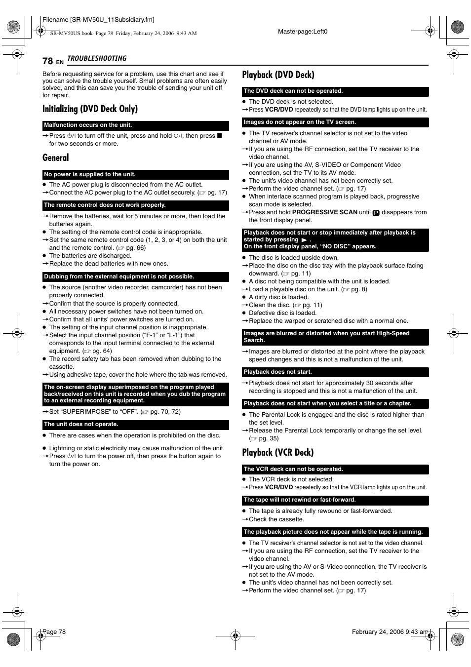 Troubleshooting, Initializing (dvd deck only), General | Playback (dvd deck), Playback (vcr deck) | JVC SR-MV50U User Manual | Page 78 / 92