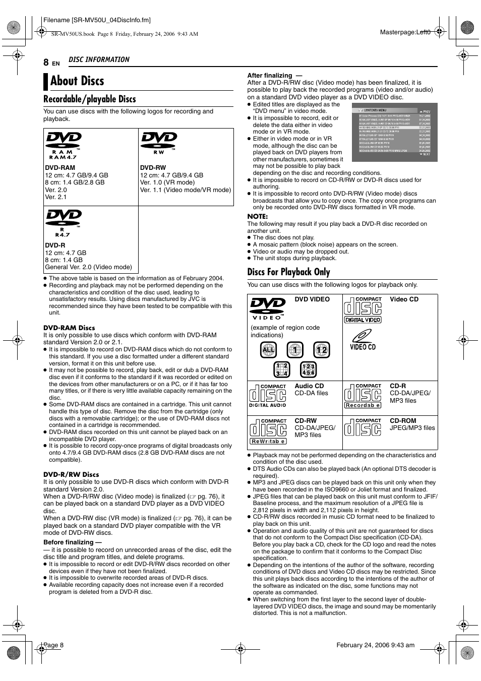 Disc information, About discs, Recordable/playable discs | Discs for playback only | JVC SR-MV50U User Manual | Page 8 / 92