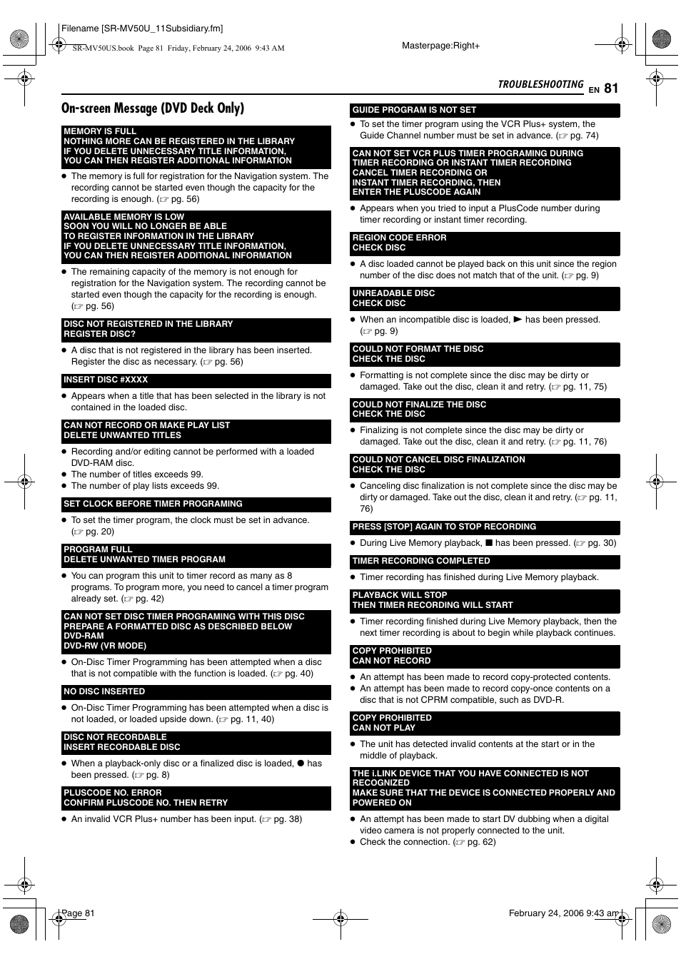 On-screen message (dvd deck only) | JVC SR-MV50U User Manual | Page 81 / 92