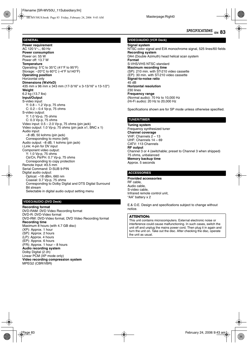 Specifications | JVC SR-MV50U User Manual | Page 83 / 92