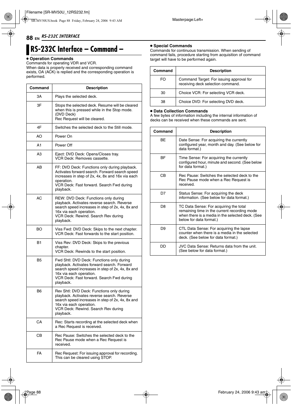 Rs-232c interface – command | JVC SR-MV50U User Manual | Page 88 / 92