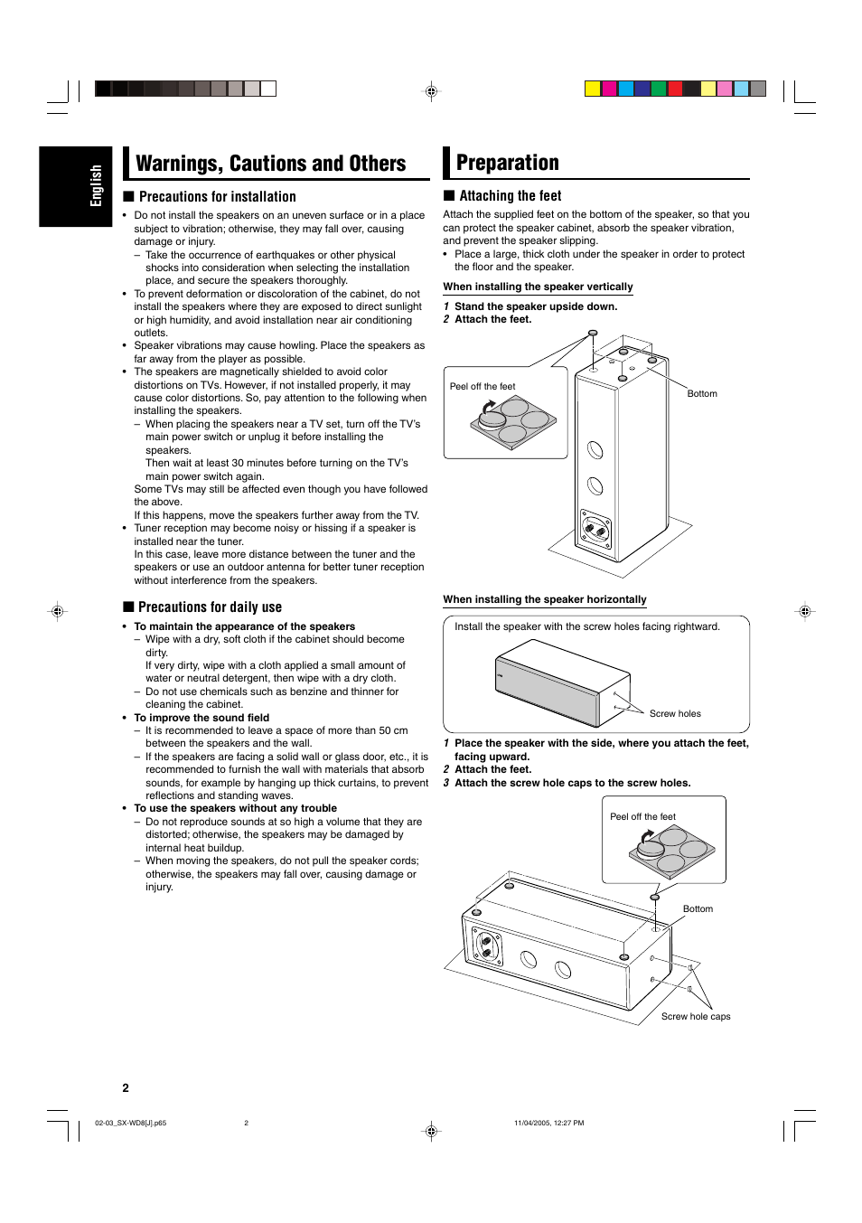 Preparation, Warnings, cautions and others | JVC SX-WD8 User Manual | Page 2 / 8