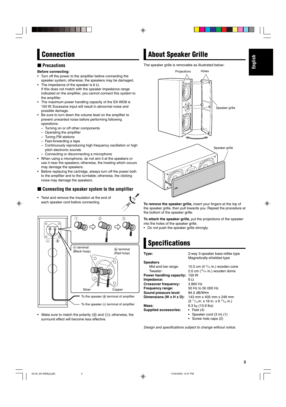 Connection, About speaker grille, Specifications | English, Precautions, Connecting the speaker system to the amplifier | JVC SX-WD8 User Manual | Page 3 / 8
