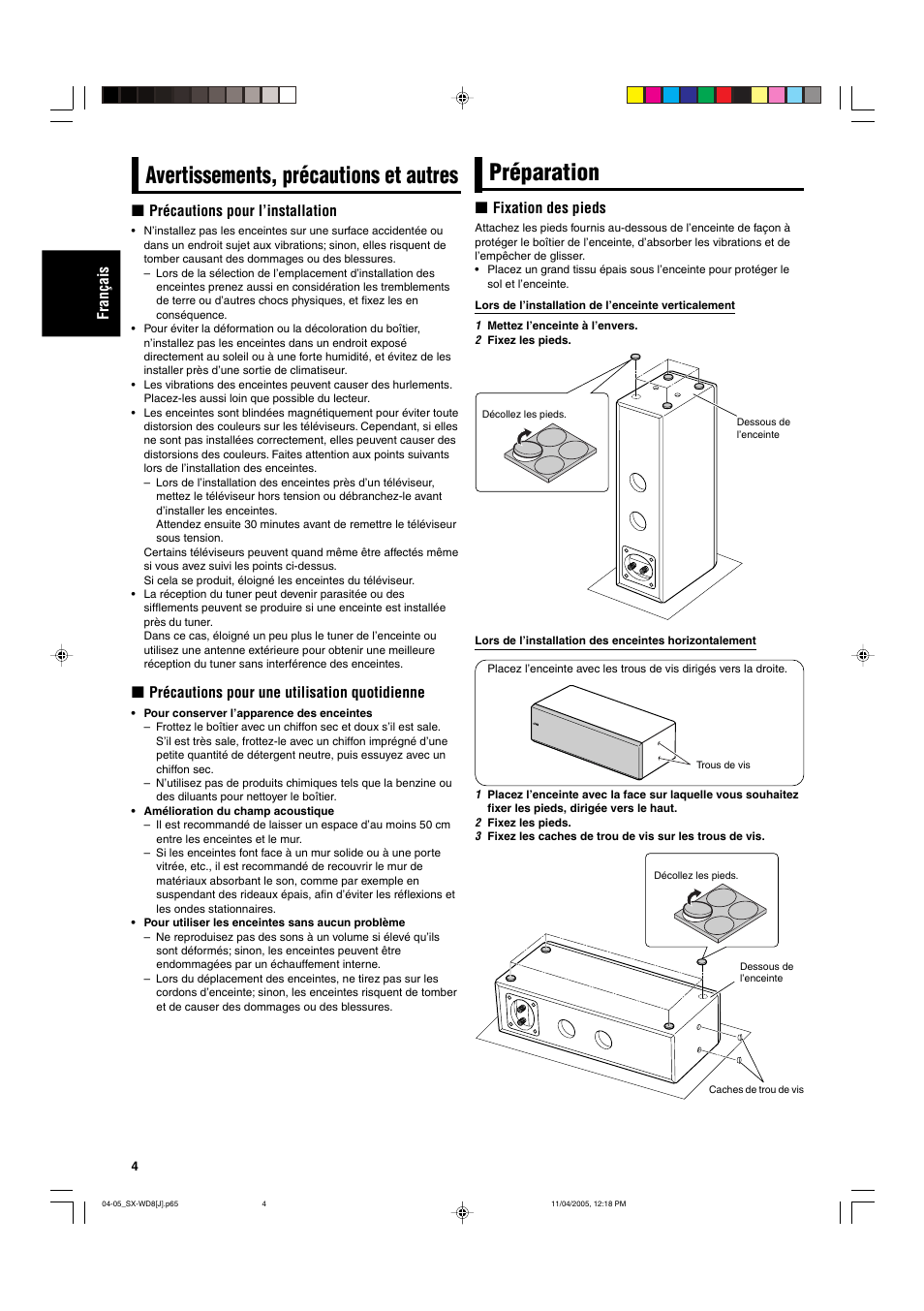 Préparation, Avertissements, précautions et autres | JVC SX-WD8 User Manual | Page 4 / 8