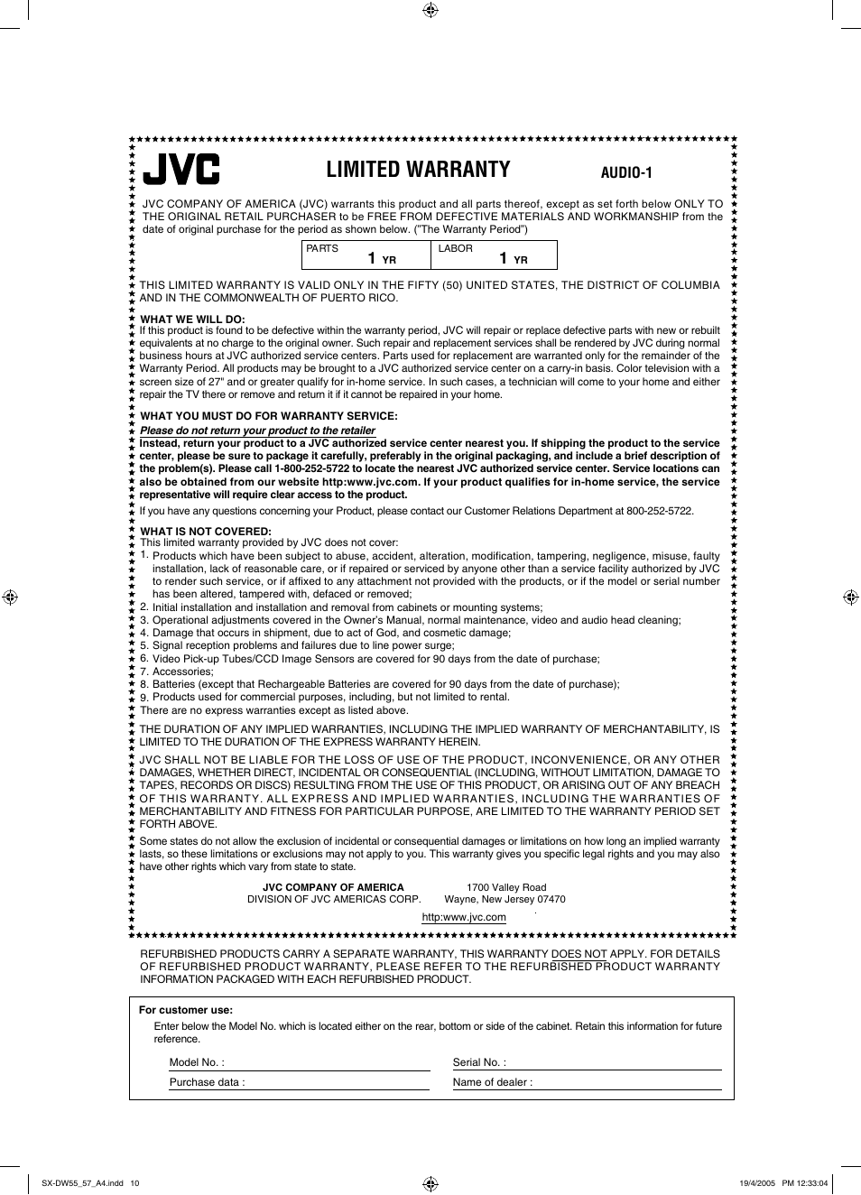Limited warranty, Audio-1 | JVC SX-WD8 User Manual | Page 6 / 8