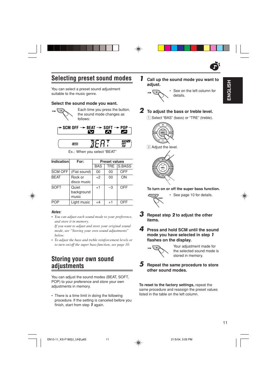 Selecting preset sound modes, Storing your own sound adjustments | JVC KS-F185 User Manual | Page 11 / 40