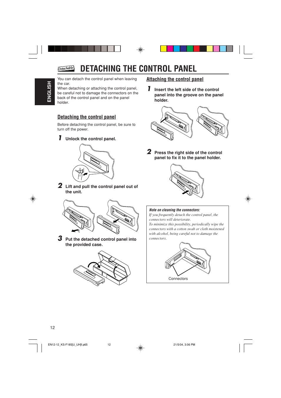 Detaching the c0ntrol panel | JVC KS-F185 User Manual | Page 12 / 40