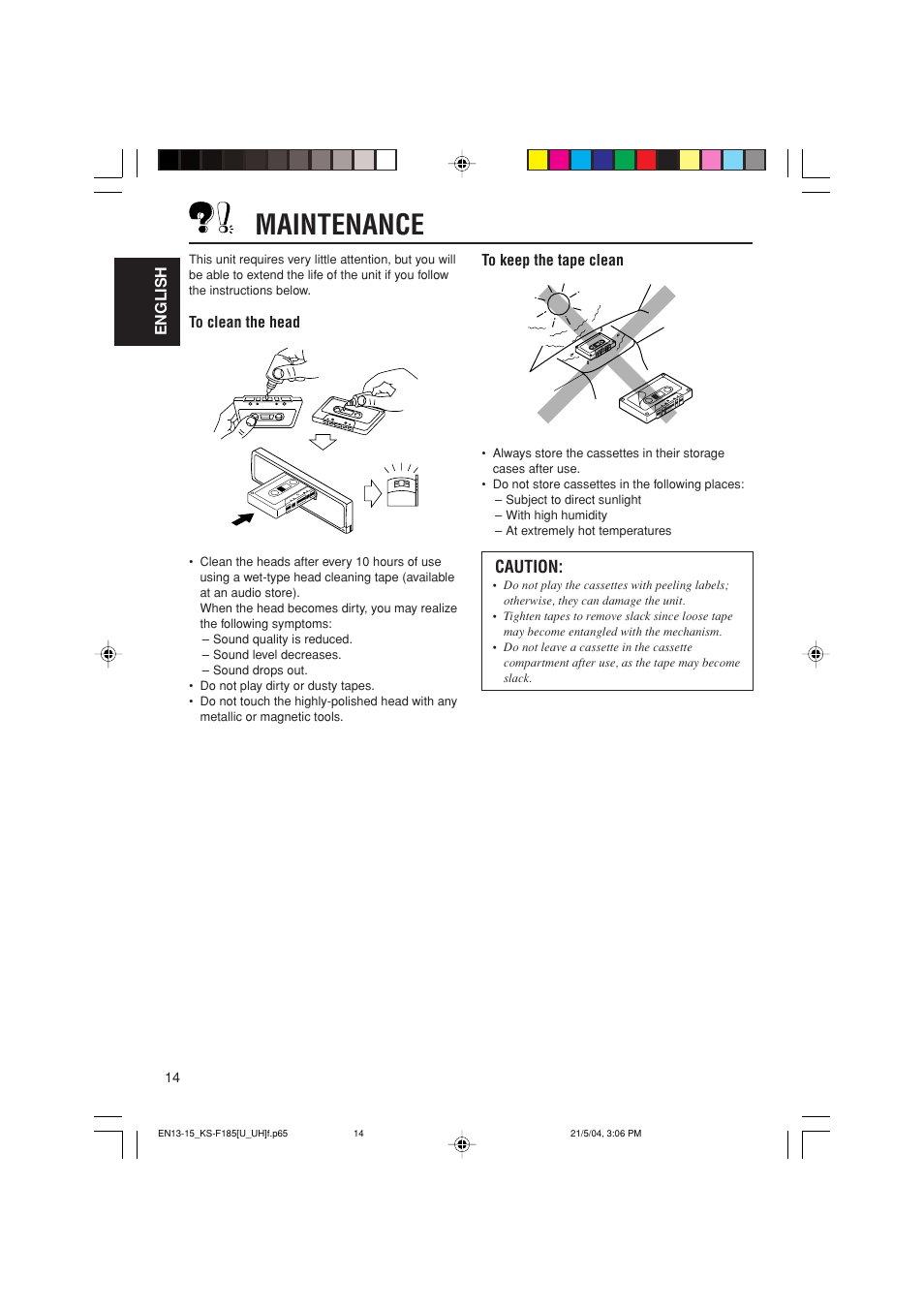 Maintenance, Caution | JVC KS-F185 User Manual | Page 14 / 40