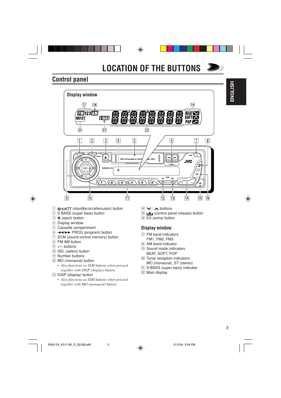 Location of the buttons, Control panel | JVC KS-F185 User Manual | Page 19 / 40