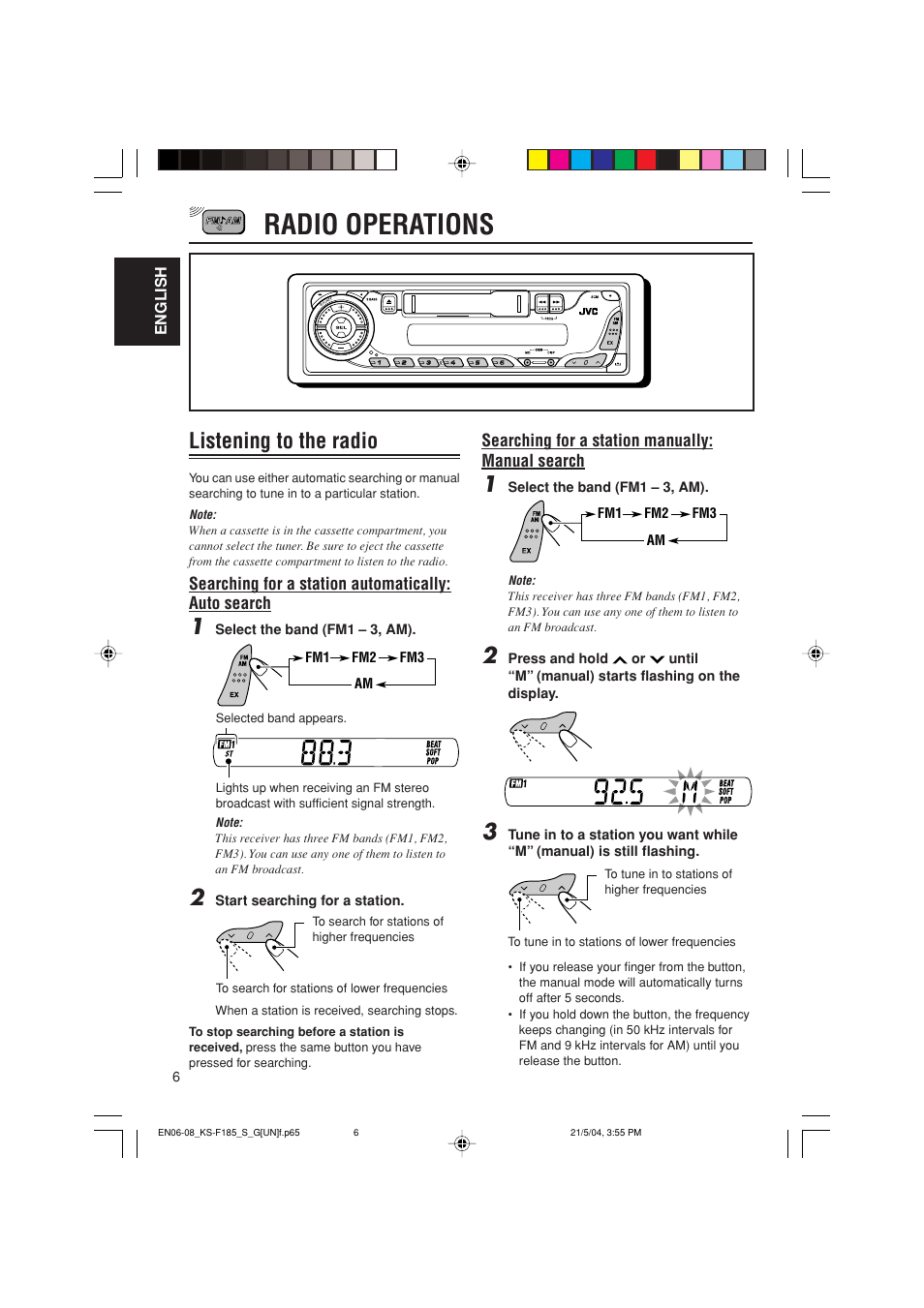 Radio operations, Listening to the radio | JVC KS-F185 User Manual | Page 22 / 40