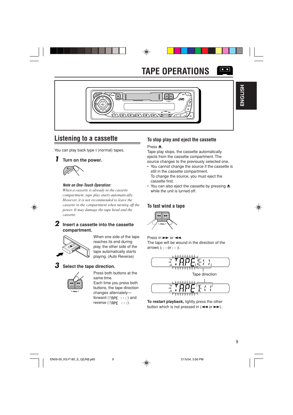 Tape operations, Listening to a cassette | JVC KS-F185 User Manual | Page 25 / 40