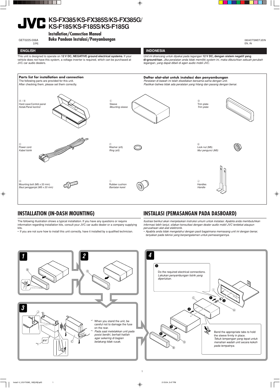 Installation (in-dash mounting), Instalasi (pemasangan pada dasboard) | JVC KS-F185 User Manual | Page 37 / 40