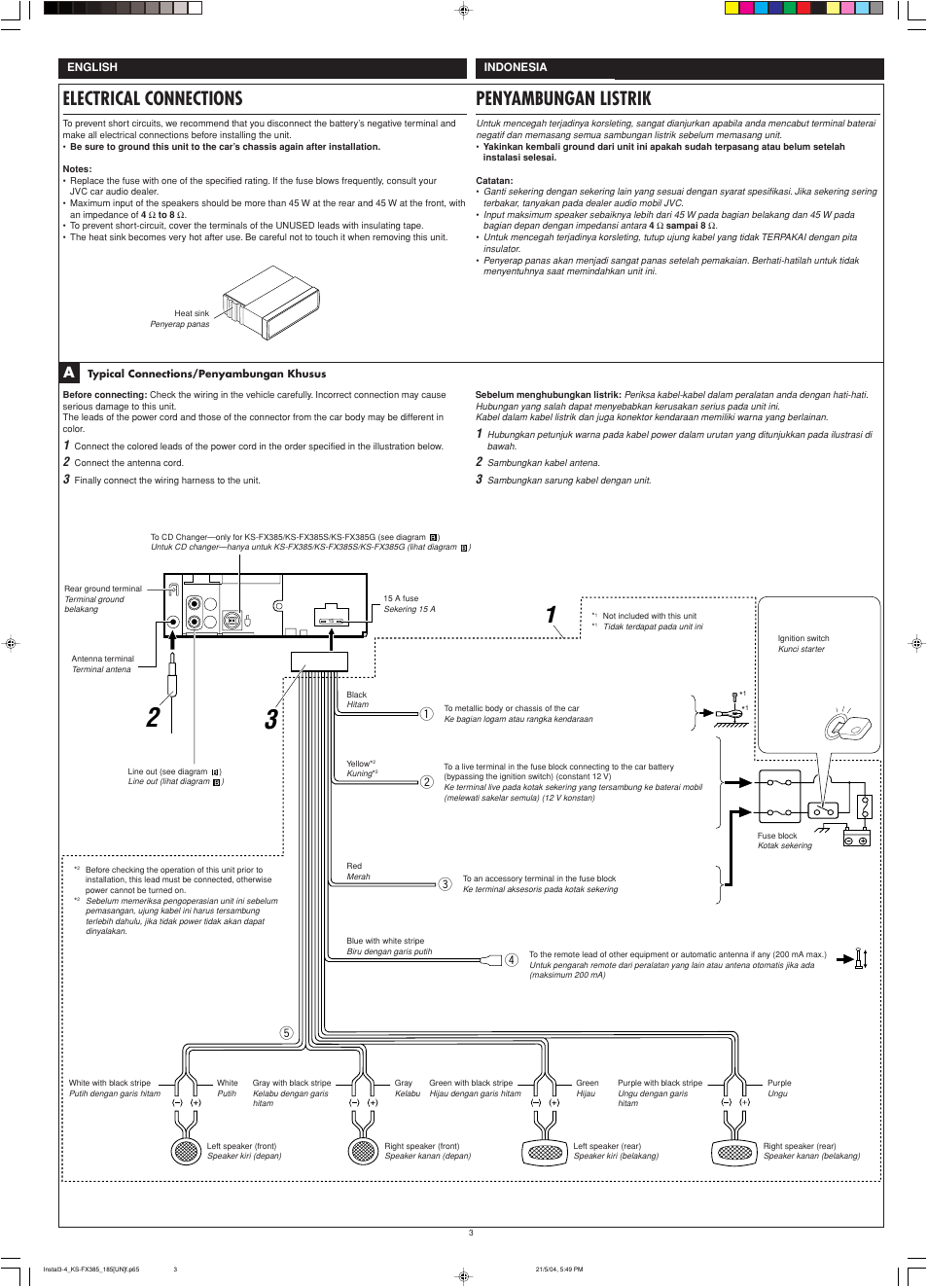 Electrical connections, Penyambungan listrik | JVC KS-F185 User Manual | Page 39 / 40