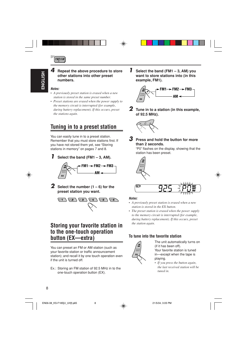 Tuning in to a preset station | JVC KS-F185 User Manual | Page 8 / 40