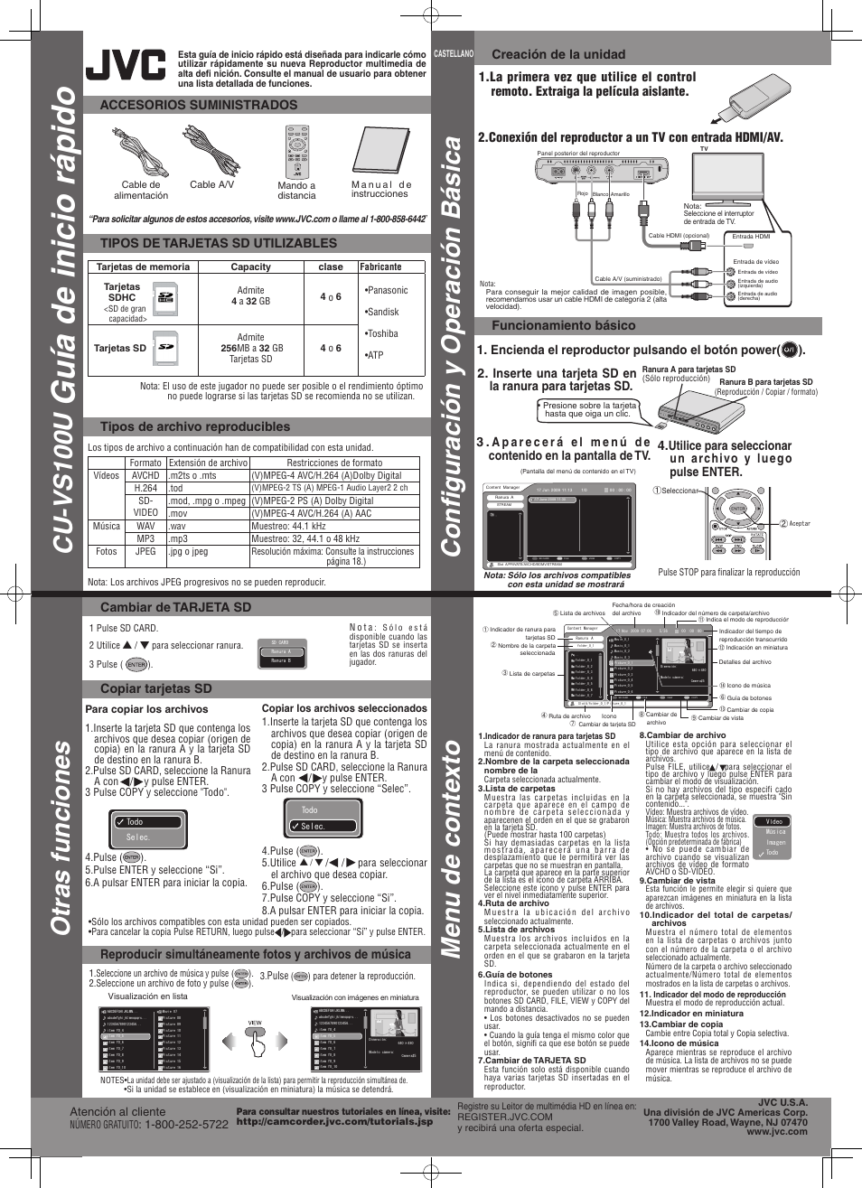 Guía de inicio rápido, Cu-vs100u, Configuración y operación básica | Otras funciones, Men u de conte xto, Atención al cliente | JVC CU-VS100U User Manual | Page 2 / 2