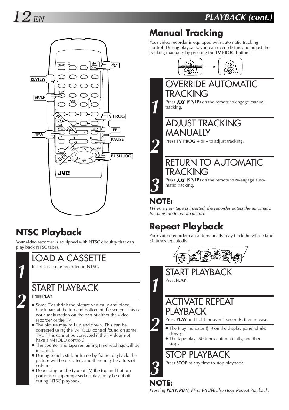 Override automatic tracking, Adjust tracking manually, Return to automatic tracking | Start playback, Activate repeat playback, Stop playback, Load a cassette, Playback (cont.), Manual tracking, Repeat playback | JVC HR-J255EA User Manual | Page 12 / 40