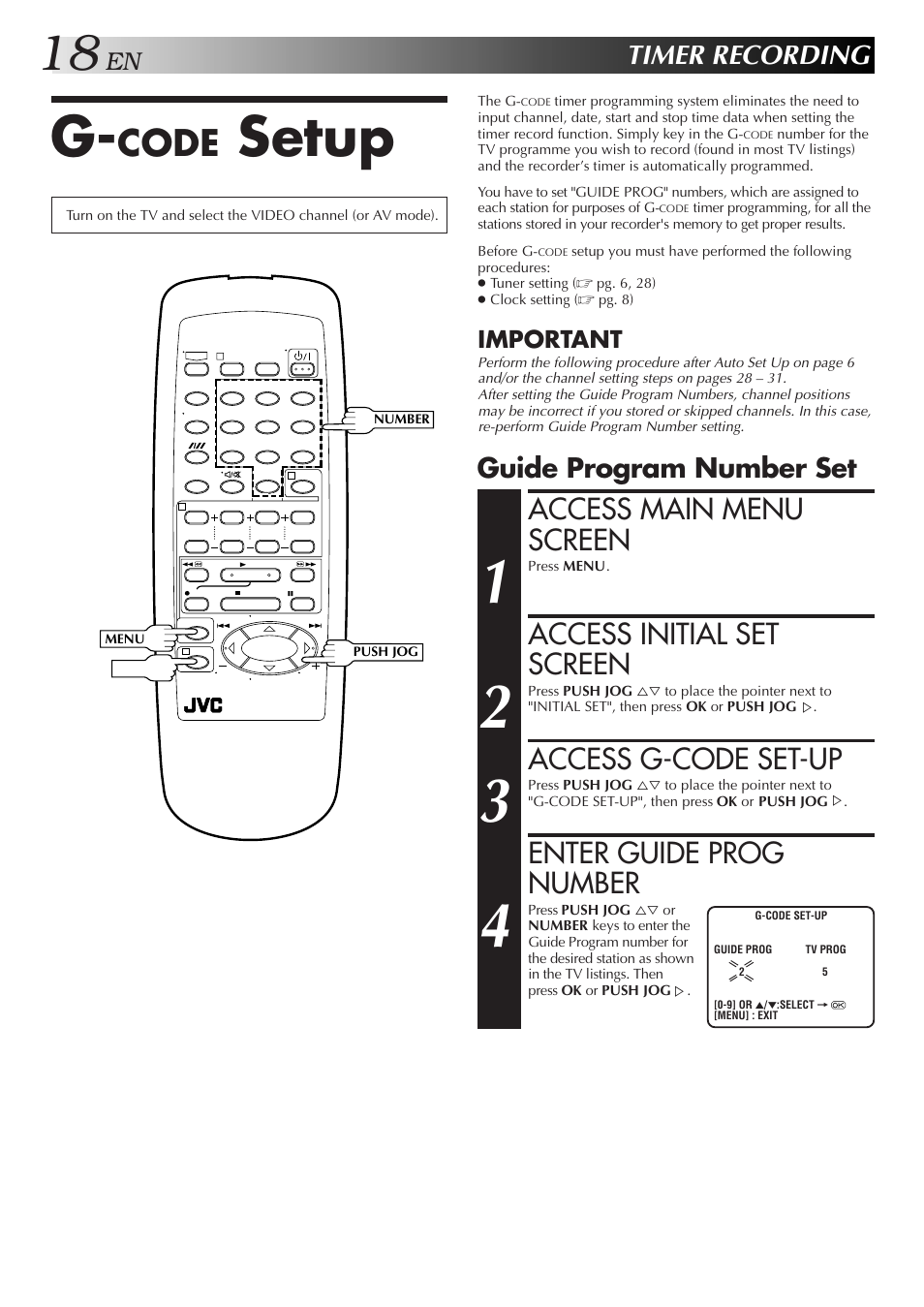 Setup, Code, Access main menu screen | Access initial set screen, Access g-code set-up, Enter guide prog number, Timer recording, Guide program number set, Important | JVC HR-J255EA User Manual | Page 18 / 40