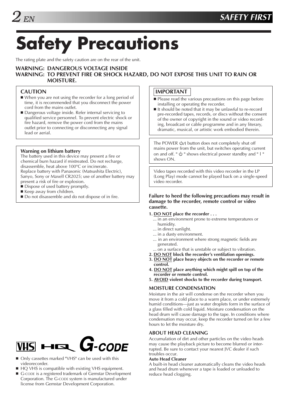 Safety precautions, Safety first | JVC HR-J255EA User Manual | Page 2 / 40