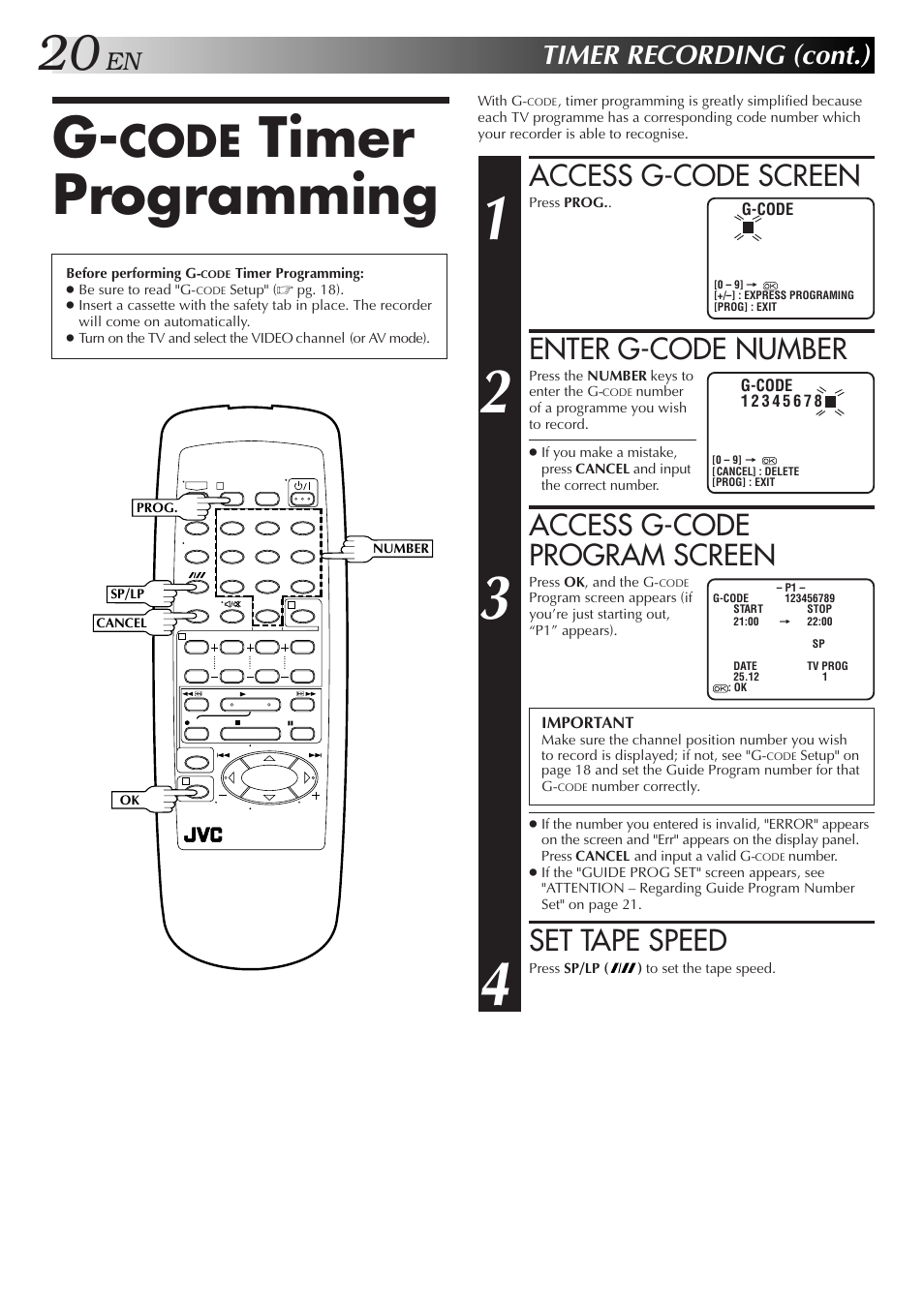 Timer programming, Code, Access g-code screen | Enter g-code number, Access g-code program screen, Set tape speed, Timer recording (cont.) | JVC HR-J255EA User Manual | Page 20 / 40