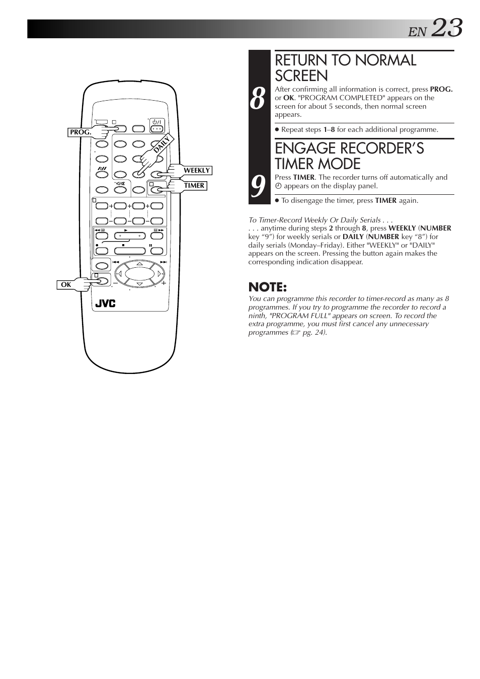 Return to normal screen, Engage recorder’s timer mode | JVC HR-J255EA User Manual | Page 23 / 40